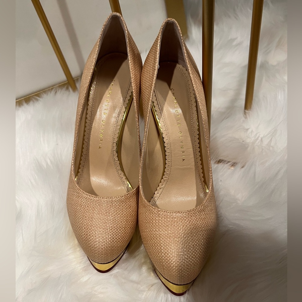 *NEW* CHARLOTTE OLYMPIA Dolly Raffia Platform Pumps/beige/37.5